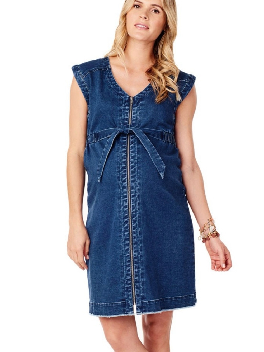 Denim Maternity Zip Front Tie Waist Dress - Blue